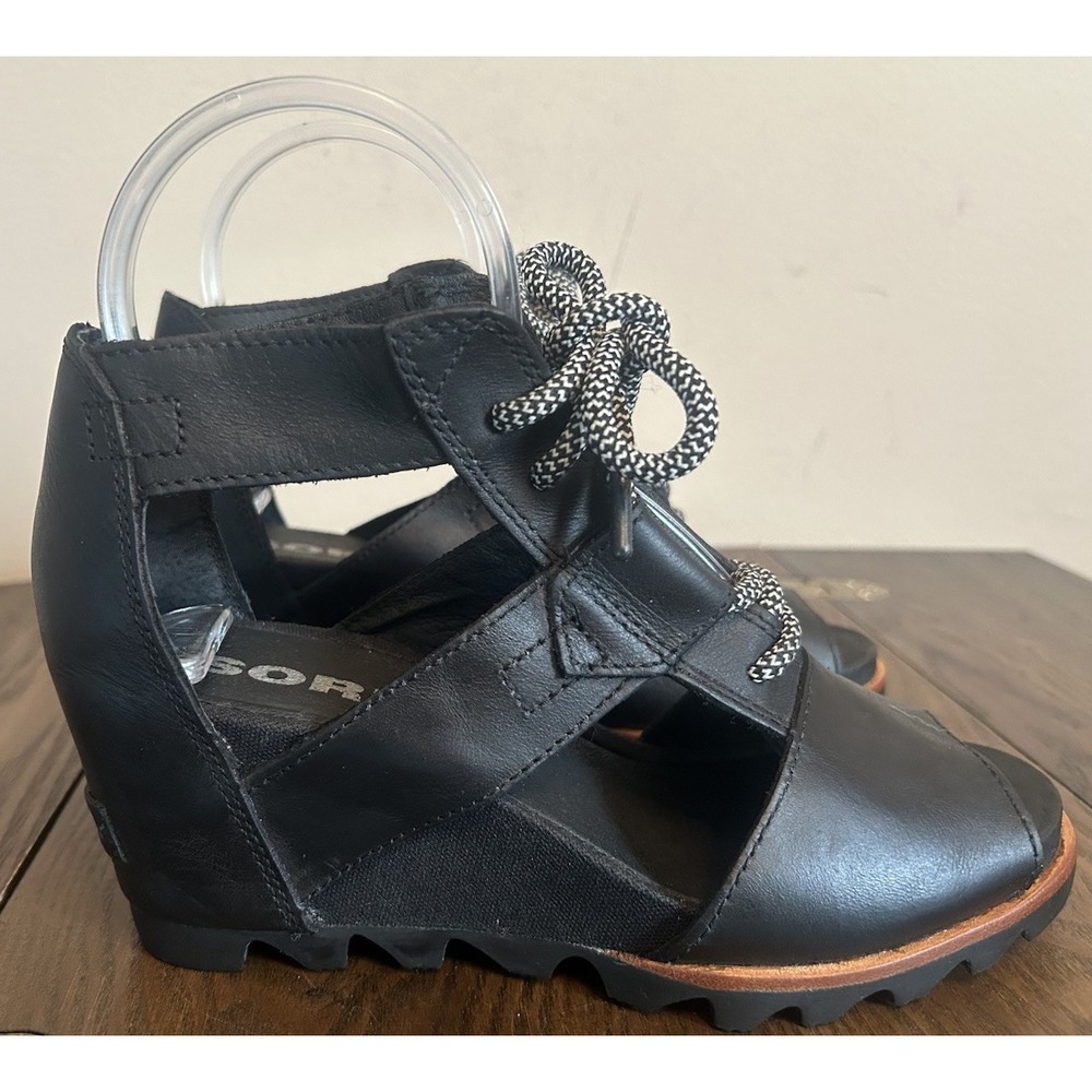 Sorel Black Lace-Up Wedge Sandal with Contrasting Laces